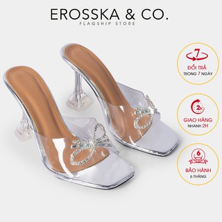 Dép cao gót Erosska mũi vuông quai mica trong suốt đính đá cao 9cm màu bạc _ EM064