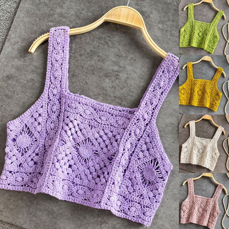 Áo Croptop Dệt Kim Sát Nách Cổ Vuông Họa Tiết Kẻ Sọc Phong Cách Retro Cho Nữ