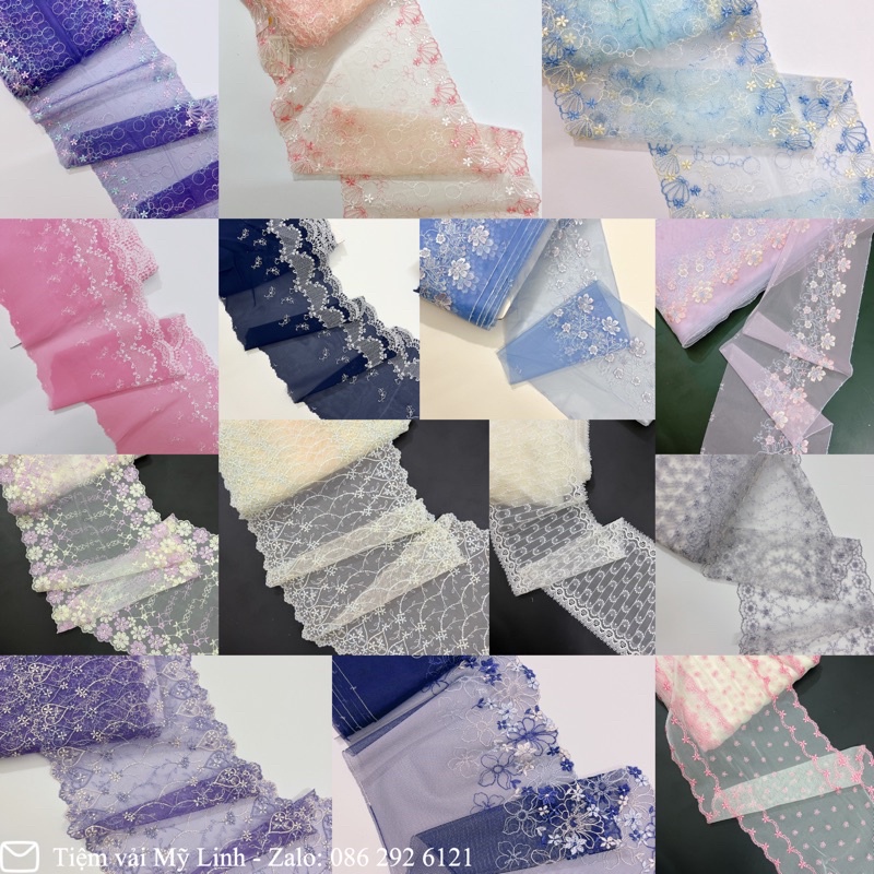 Ren lưới thêu hoa 2 biên siêu đẹp bản từ 16-25cm dùng trang trí may váy áo, nội y, đồ ngủ,... giá 1m