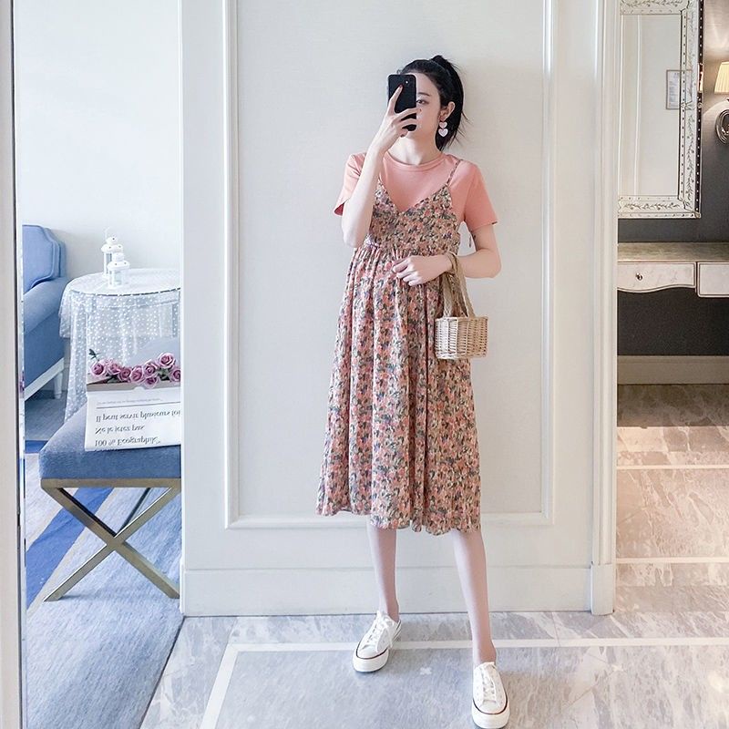 AMOI Đầm Hoa Giả Hai Mảnh Thời Trang Cho Mẹ Bầu