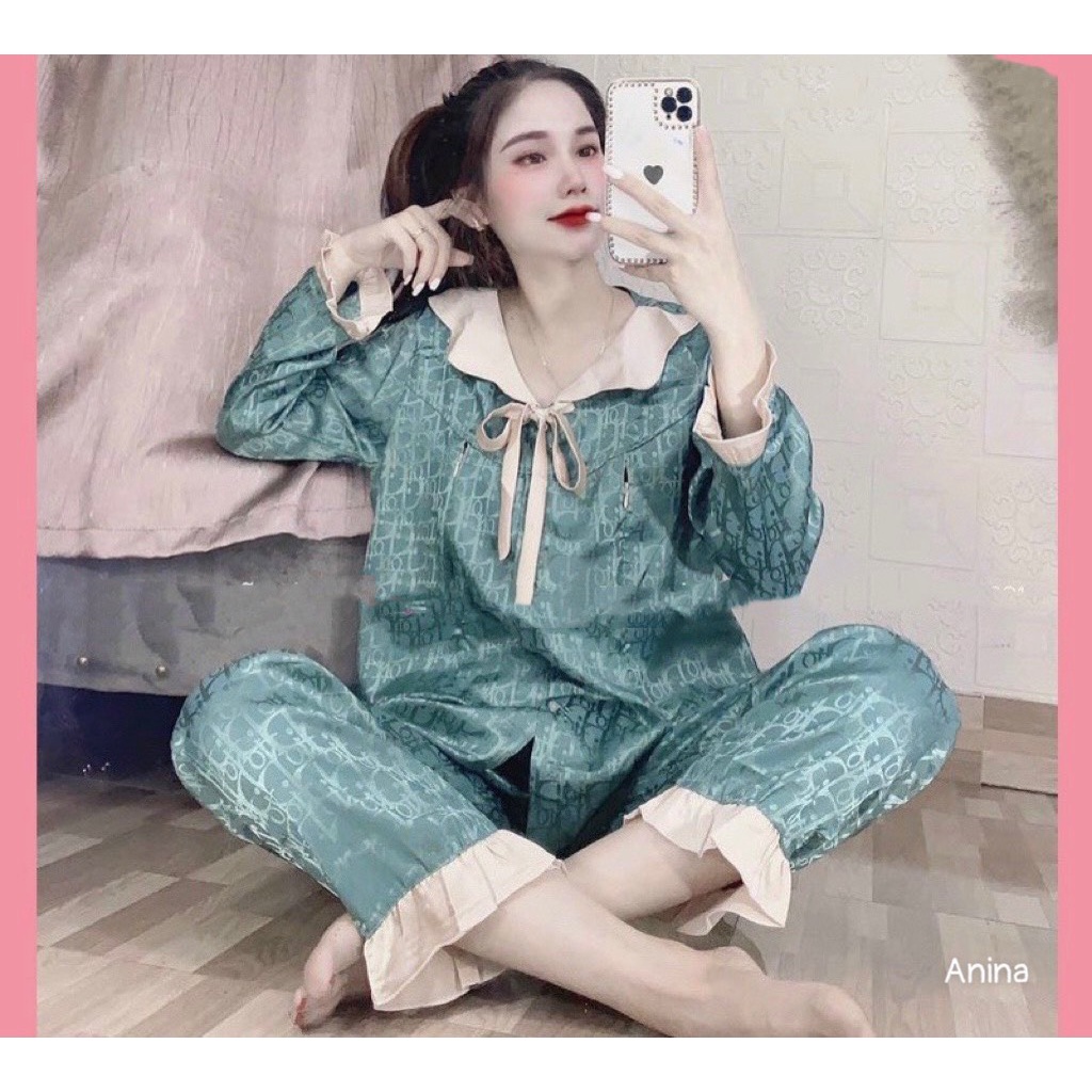 Bộ đồ bầu chất lụa gấm 2 chức năng tiện lợi - Bộ bầu dài tay phối dây nơ xinh xắn BD947