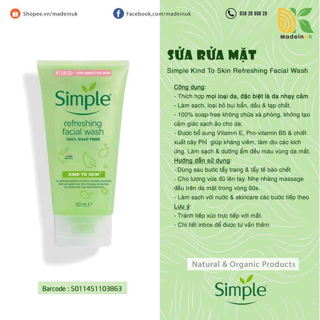 Sữa Rửa Mặt Simple Kind To Skin Refreshing Facial Wash Dịu Nhẹ 150ml | BigBuy360 - bigbuy360.vn