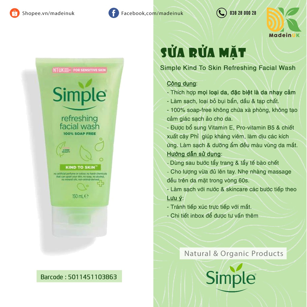 Sữa Rửa Mặt Simple Kind To Skin Refreshing Facial Wash Dịu Nhẹ 150ml