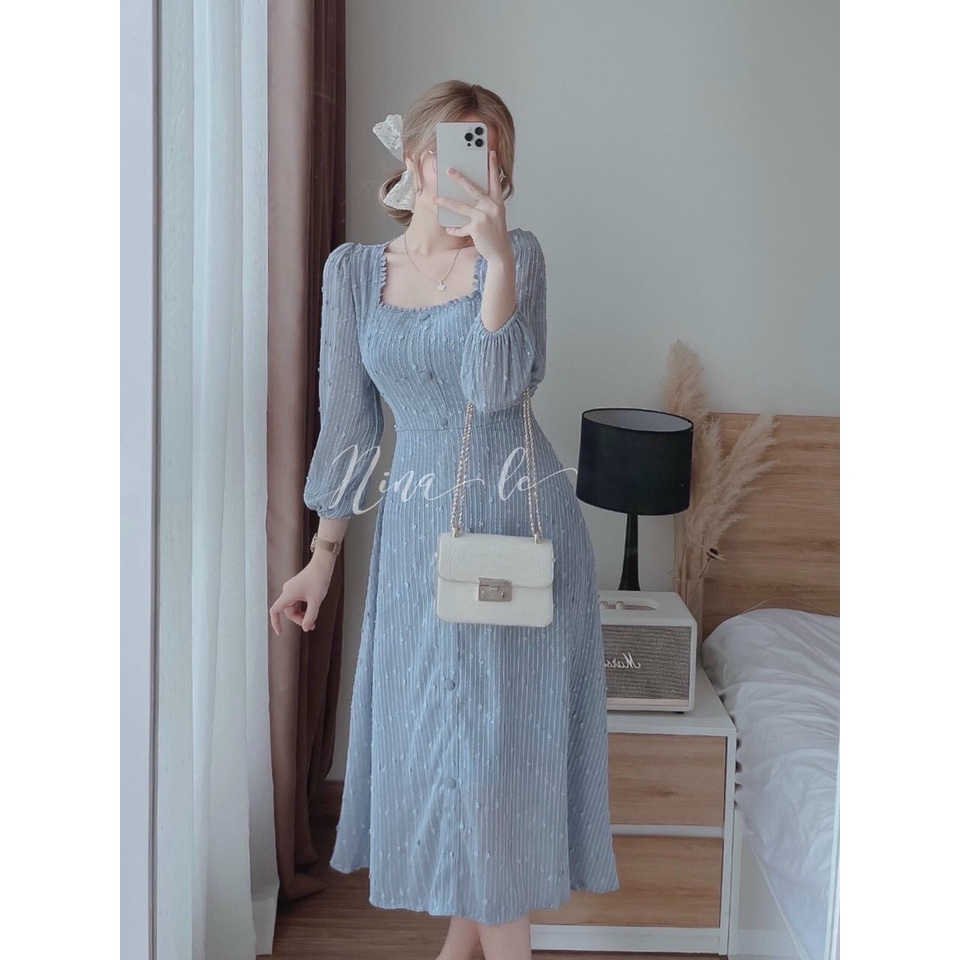 Đầm trắng cổ vuông dáng Midi phối nút bọc phong cách hàn quốc XUKA-DRESS