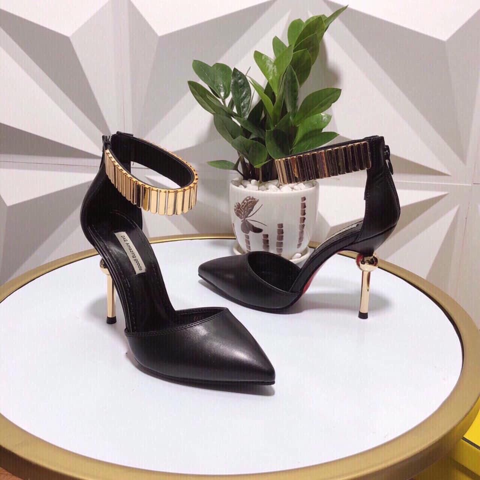 Cao gót mũi nhọn quai họa tiết gót hạt 9p