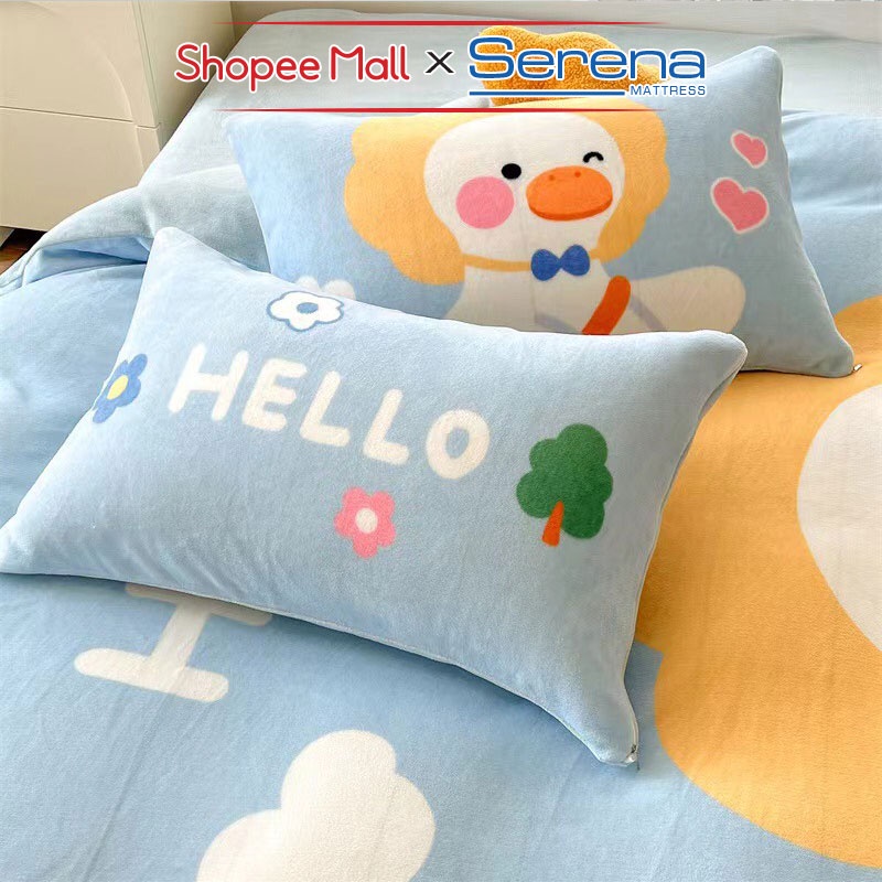 Bộ Chăn Ga Giường Gối Nệm Dễ Thương Full 5 Món Vải Nỉ Nhung Chính Hãng SERENA MATTRESS Combo Chăn Ra Drap Gối Đệm Nệm