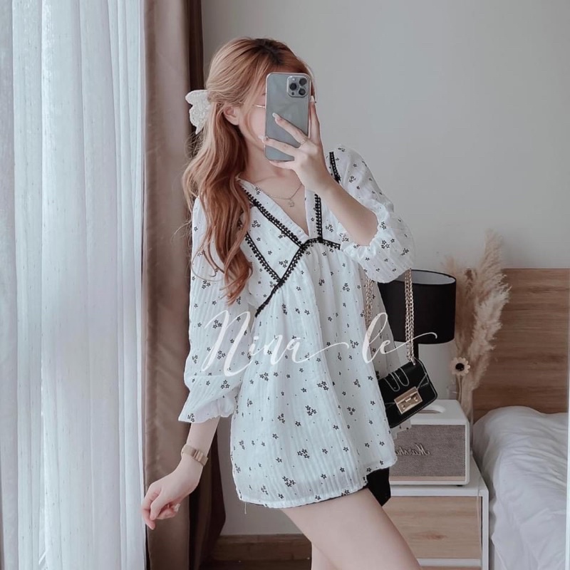 VIBES Set áo babydoll viền ren in hoa kèm short xịn xò