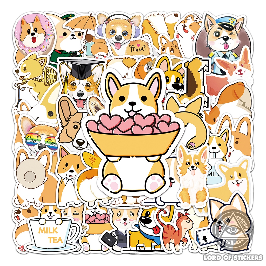 Set 50 Sticker Corgi Cute Dễ Thương Chống Thấm Nước Phong Cách Hoạt Hình Dán Trang Trí Mũ Bảo Hiểm, Laptop, Xe Đạp, Sổ