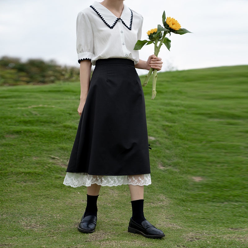 Chân váy đen lưng cao xẻ tà phong cách mùa hè thanh lịch cho nữ