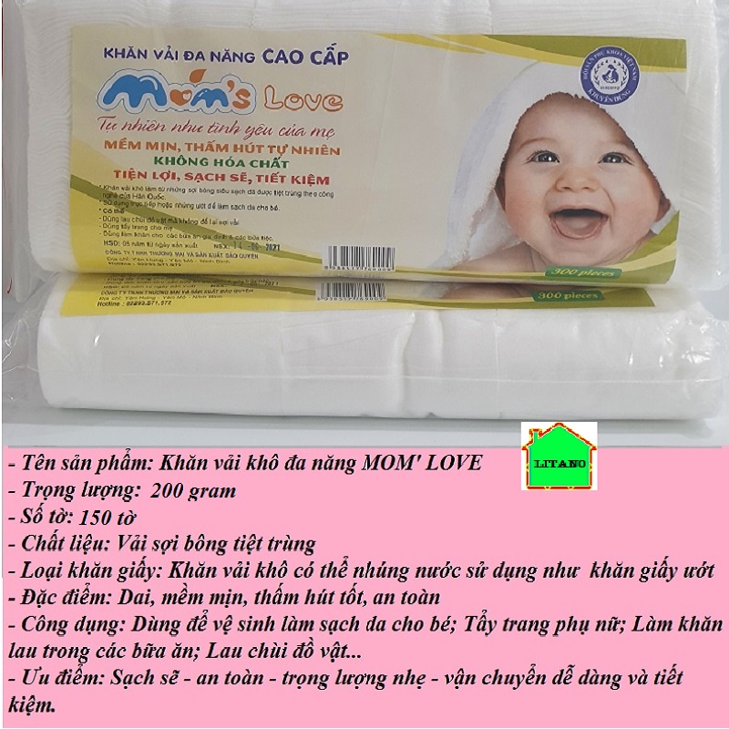 Khăn Vải Khô Đa Năng Cho Bé Mom's love 200g Chất Liệu Vải Sợi Bông Siêu Thấm Hút Có Thể Nhúng Nước Sử Dụng Như Giấy Ướt