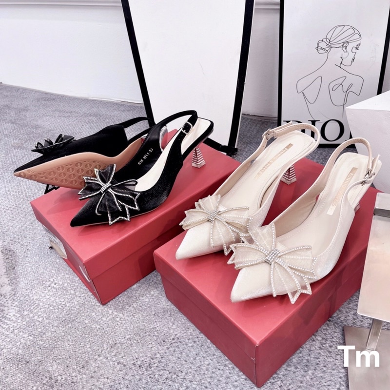 Sandal cao gót chất lụa nơ đá hàng cao cấp fullbox