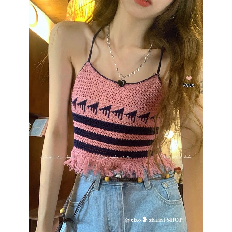 MS646 Áo kiểu nữ cổ yếm đan móc hoạ tiết tua rua croptop