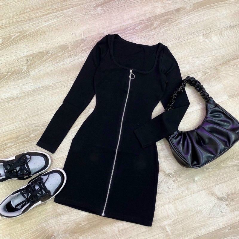 Váy Ôm Body Tay Dài Dây Kéo Màu Trơn Siêu Đẹp Free Size Dưới 54KG