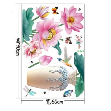 Tranh dán tường 3D Bình gốm hoa sen mẫu 3 KT 88x126cm, Decal trang trí phòng