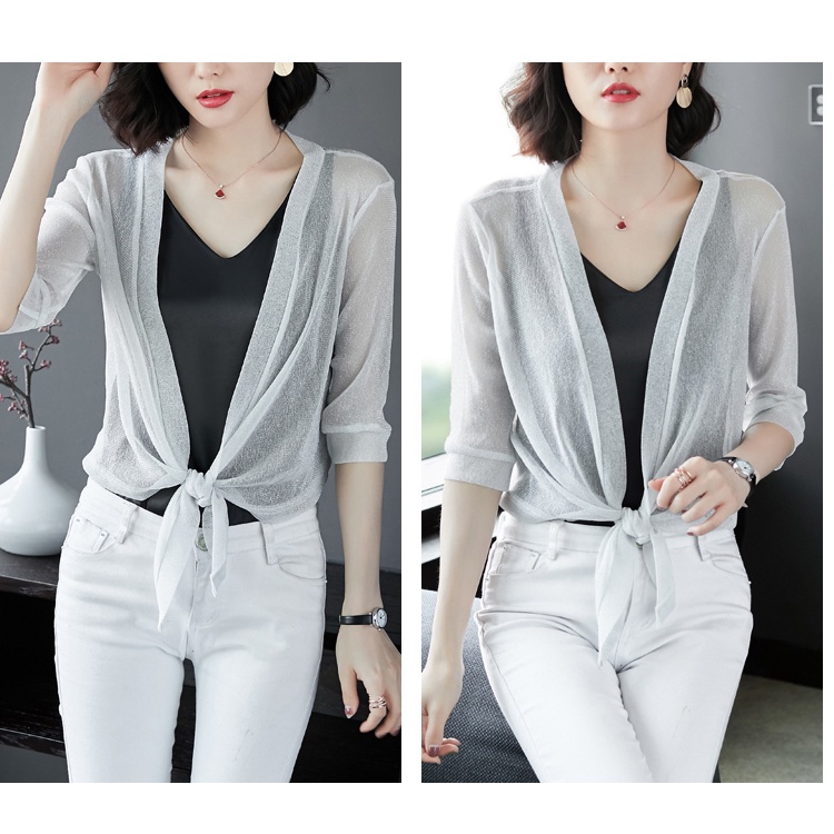 Áo cardigan khoác mỏng tay lỡ thắt nơ ĐEN N55