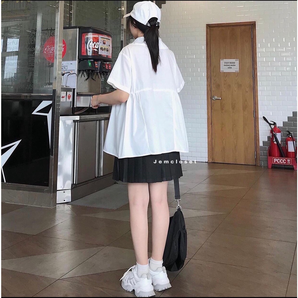 ÁO BABYDOLL TRẮNG BUỘC DÂY NƠ NGỰC - ÁO SƠMI CỔ BẺ TAY LỠ THẮT NƠ ĐEN TRẮNG