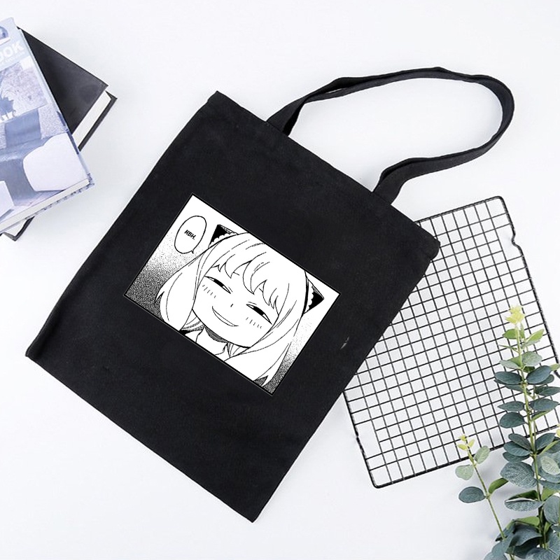 Túi tote vải đen trắng in hình Anya Spy x Family Gia đình điệp viên anime chibi