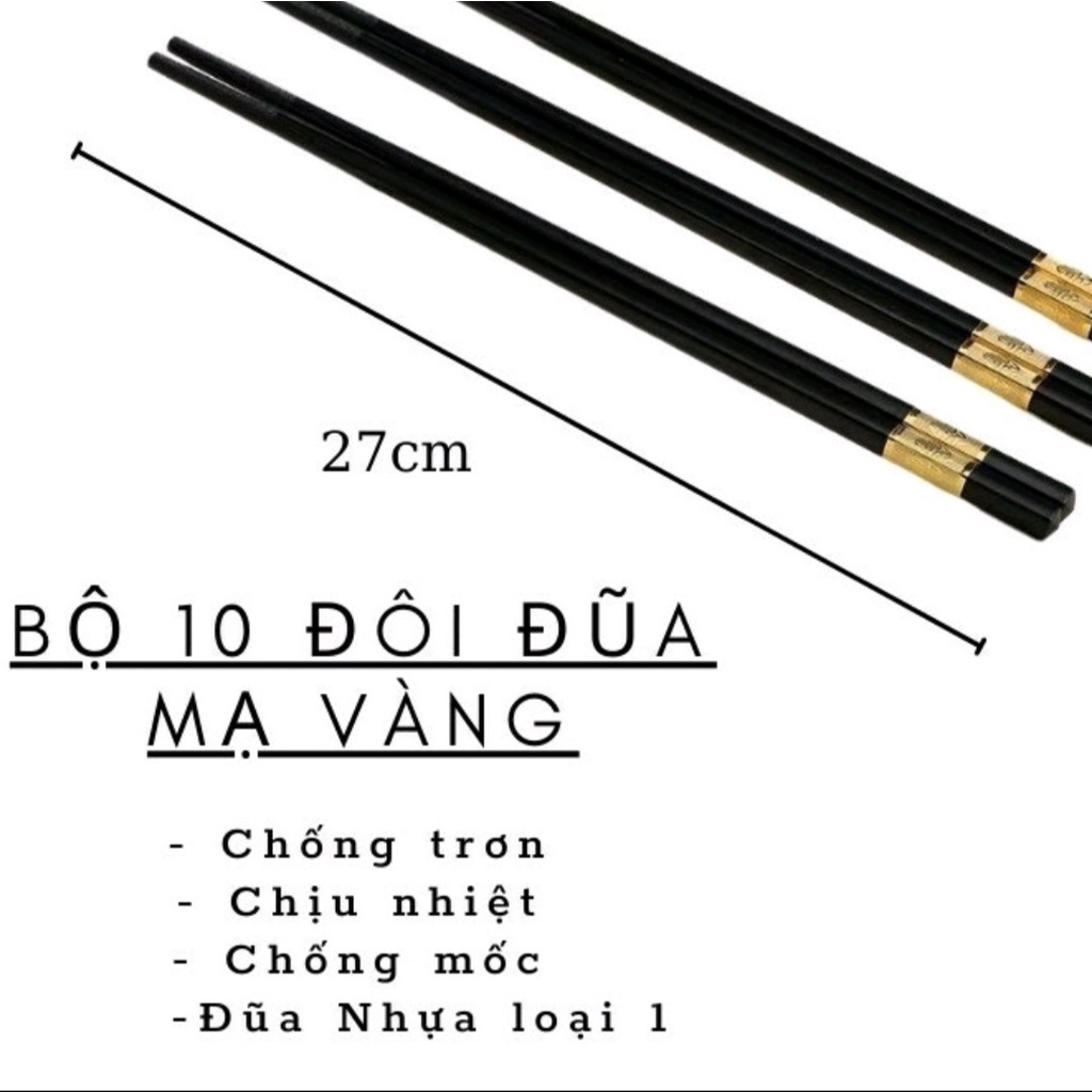 Đũa mạ vàng cao cấp Đũa nhựa đen Nhật chống trơn chống mốc chịu nhiệt ( Combo Bộ 10 đôi đũa )