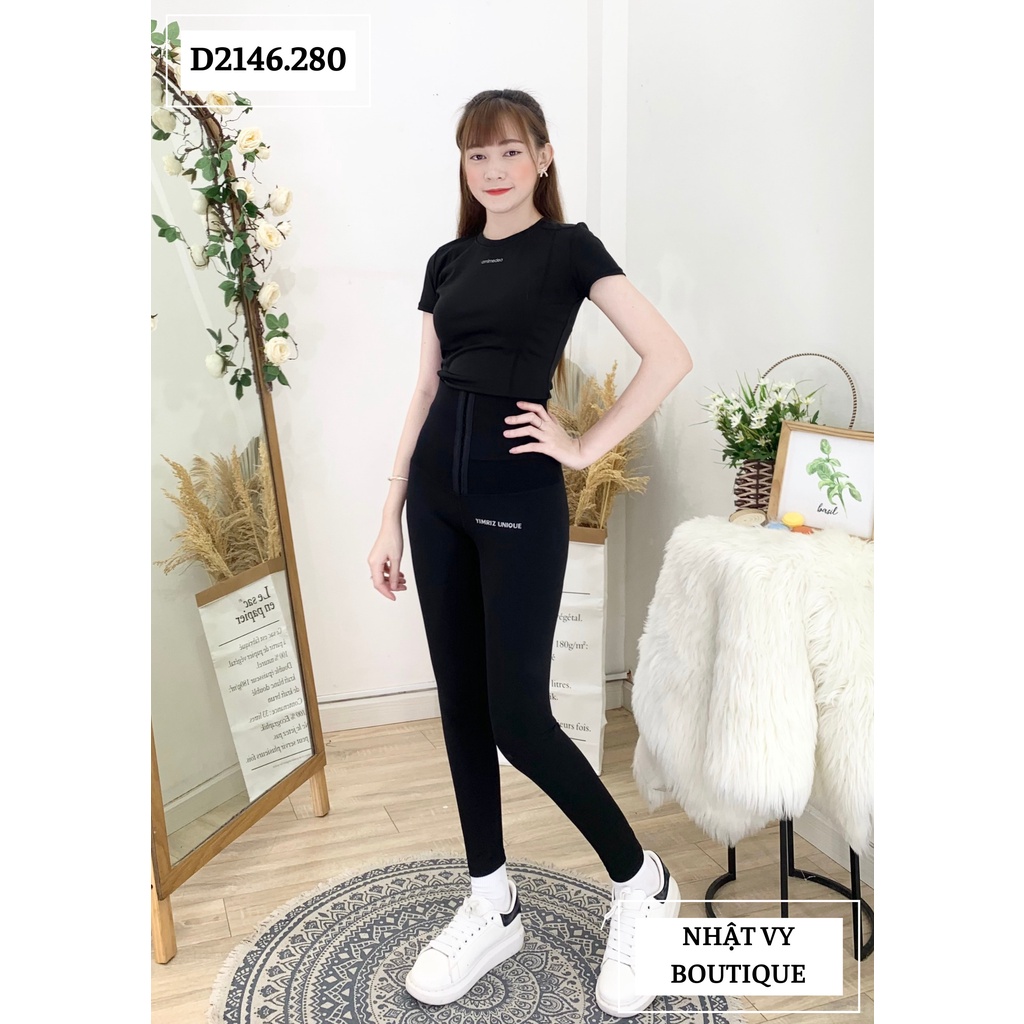 Quần Legging Nữ NHẬT VY Lưng Cao Phối Đai Điều Chỉnh Màu Đen – D2146