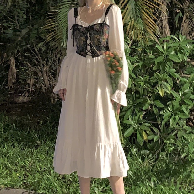 Áo hai dây họa tiết hoa màu đen phong cách retro Pháp