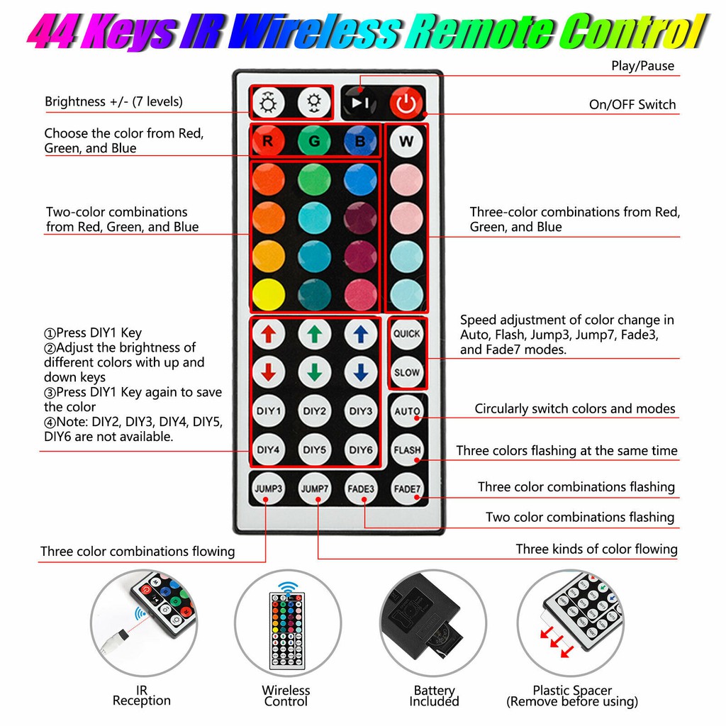 RGB Đèn Led 5m Dải sáng Mix Màu DIY Điều Khiển 44 Nút RGB Đèn Trang Trí Phòng Ngủ