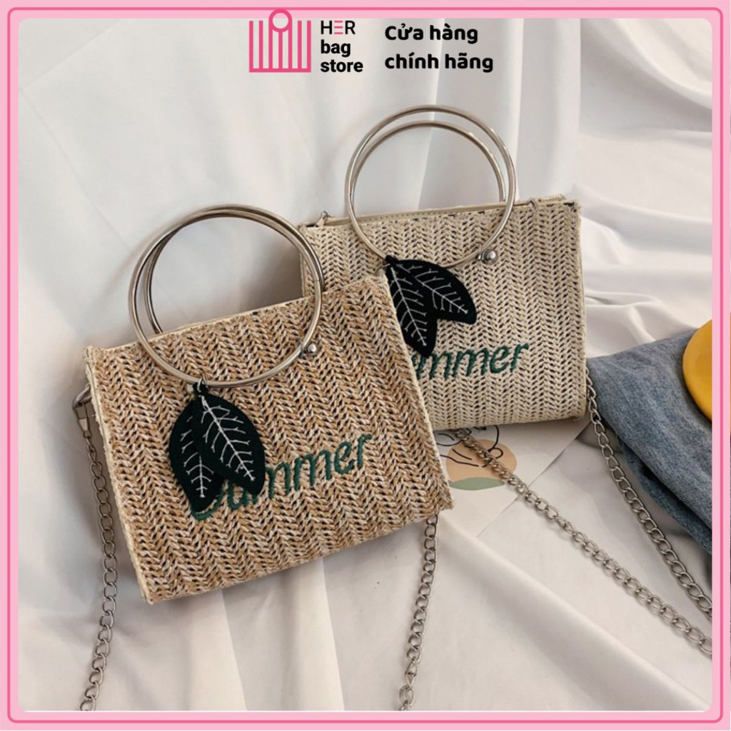 Túi xách tay nữ đeo vai VUÔNG quai hình TRÒN SUMMER lá mùa hè mới vải xô rơm phương Tây Hàn Quốc dệt đi chơi biển SM114