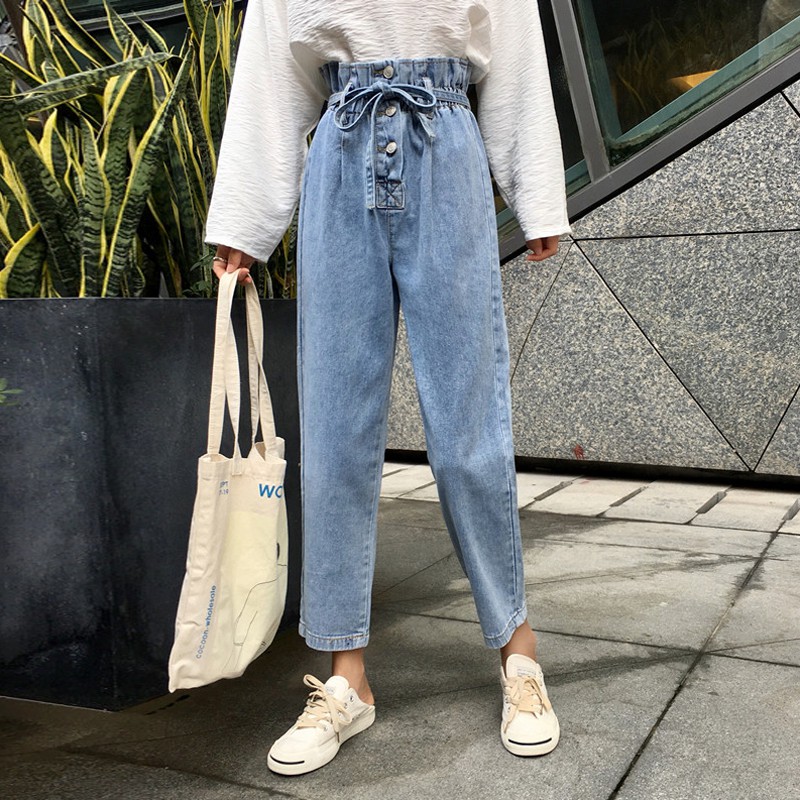 quần baggy chun ulzzang order quần jean cạp cao chun buộc dây dáng hàn quốc ẢNH THẬT CUỐI HÌNH