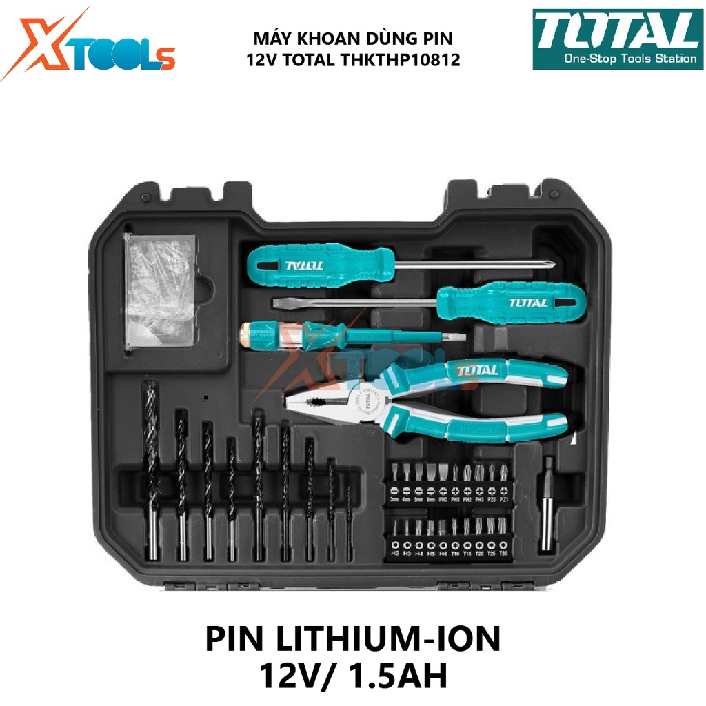 Bộ máy khoan pin 12v 127 chi tiết Total THKTHP10812 1 máy khoan pin, kèm 1 pin 1.5ah và 1 sạc, 1 mũi từ, búa nhổ đinh 8o