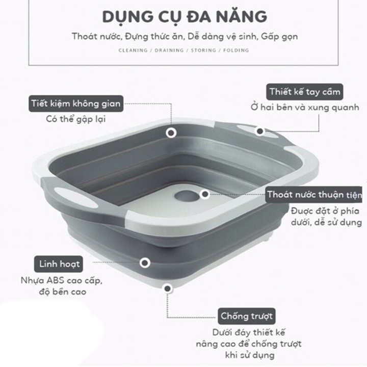 Chậu Thớt Gấp Gọn Kiêm Rổ Rửa đa năng 3in1 loại dày tốt hàng cao câp chống gãy vỡ Đồ Tiện Ích cho mọi nhà C04