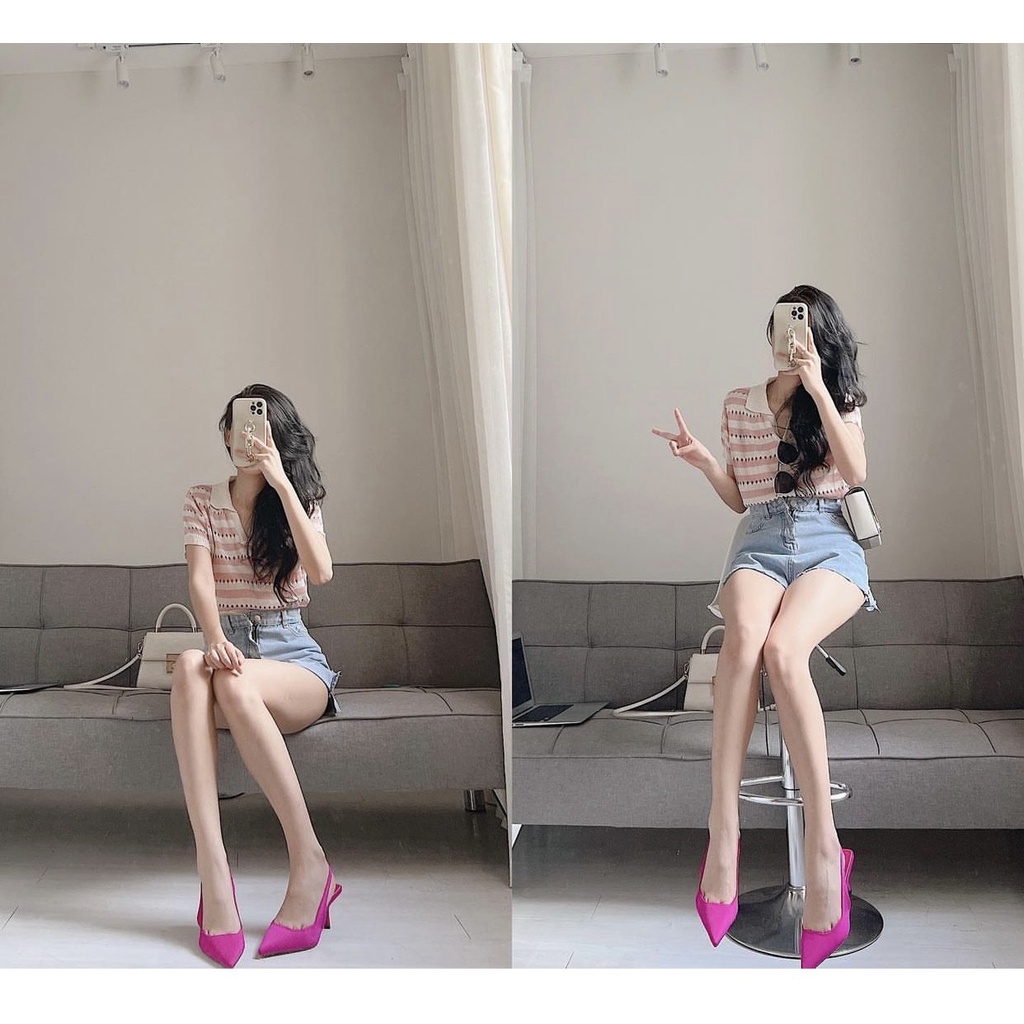 Áo len móc polo cổ V có tay Hàn Quốc 2022