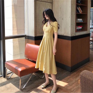 [Sẵn hồng S] Đầm lụa ulzzang cổ V phối cúc - u.w