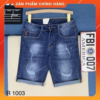 Quần short jean nam xanh mài xước, short jean nam xanh mài