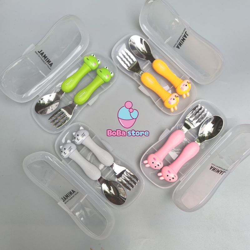 Thìa nĩa/ Muỗng nĩa cho bé ăn dặm ANIMALS kèm hộp tại BoBa store
