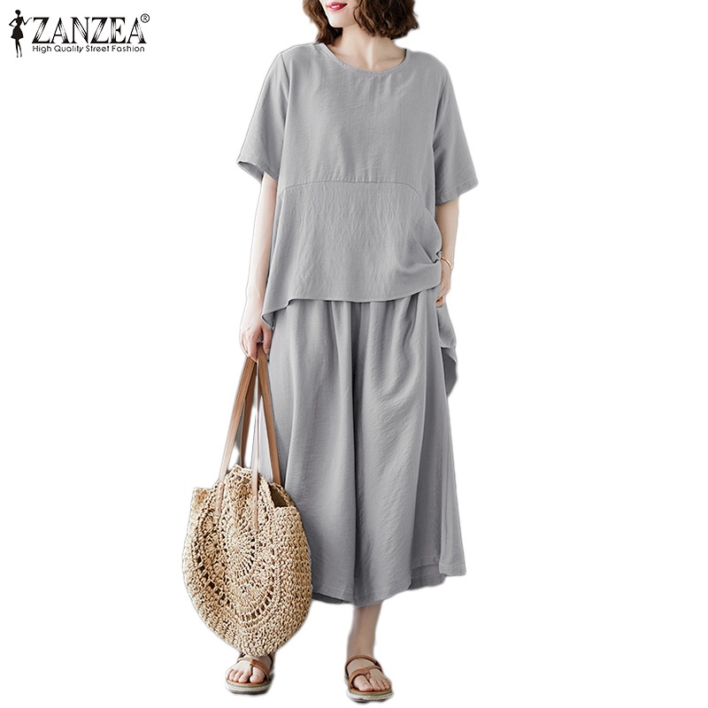 Set quần áo Zanzea gồm áo tay ngắn cổ tròn vạt lệch + quần ống rộng lung thun phong cách Hàn Quốc cho nữ