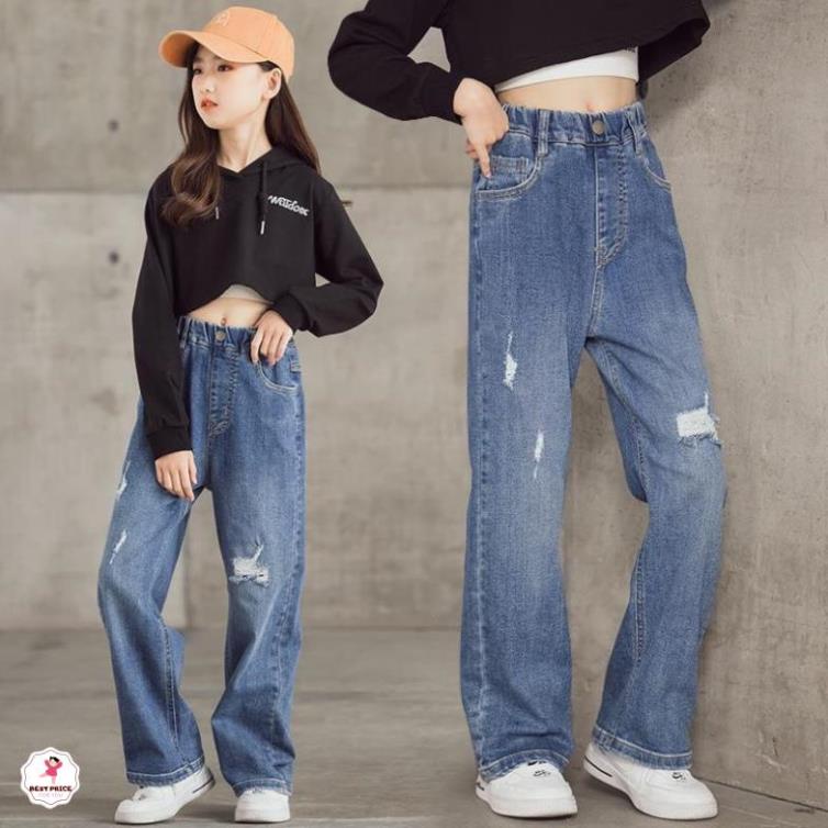 Quần jean ống rộng cho bé gái 3 - 12 tuổi☑️ Quần áo bé 10 tuổi hà nội☑️ Thời trang ống rộng bé gái mập 35kg, 40kg, 45kg