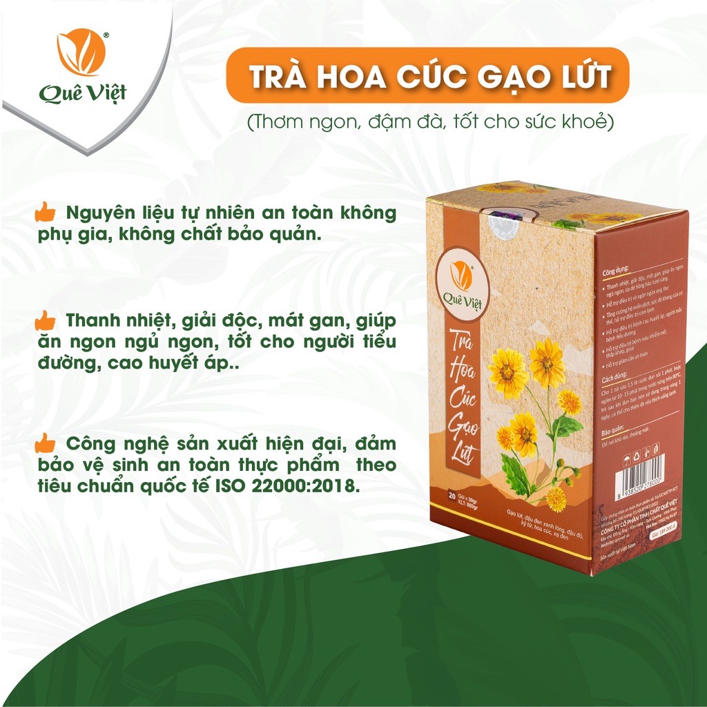 [TẶNG 2 gói trà gạo lứt] Trà HOA CÚC Quê Việt Hộp 600g 20 gói trà hoa cúc gạo lứt thanh lọc cơ thể