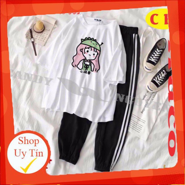 sét áo thun ngắn tay in 5D bò sữa và cô gái + quần sọc chun ống, sét đồ bộ nam nữ phông hè chất cotton form rộng unisex