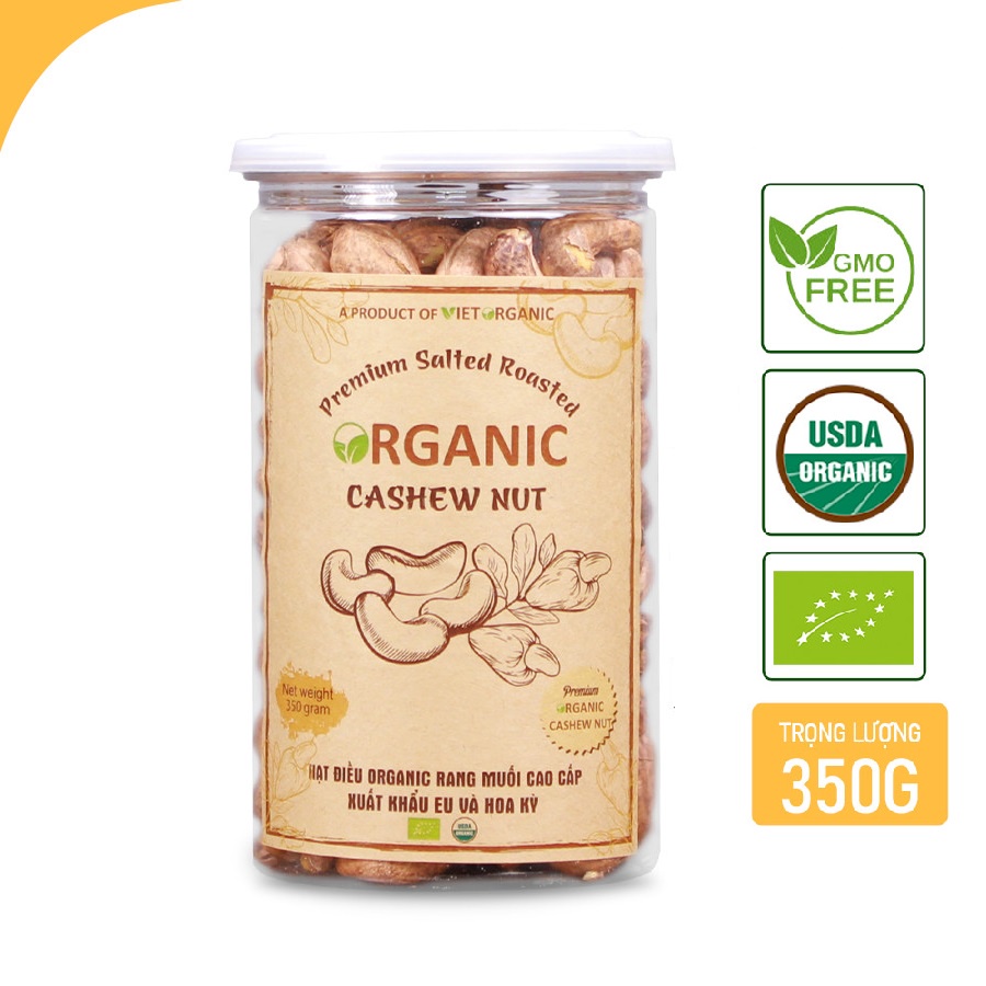 Hạt điều hữu cơ rang muối nguyên lụa Việt Organic 350gr ăn trực tiếp hoặc làm bánh mứt