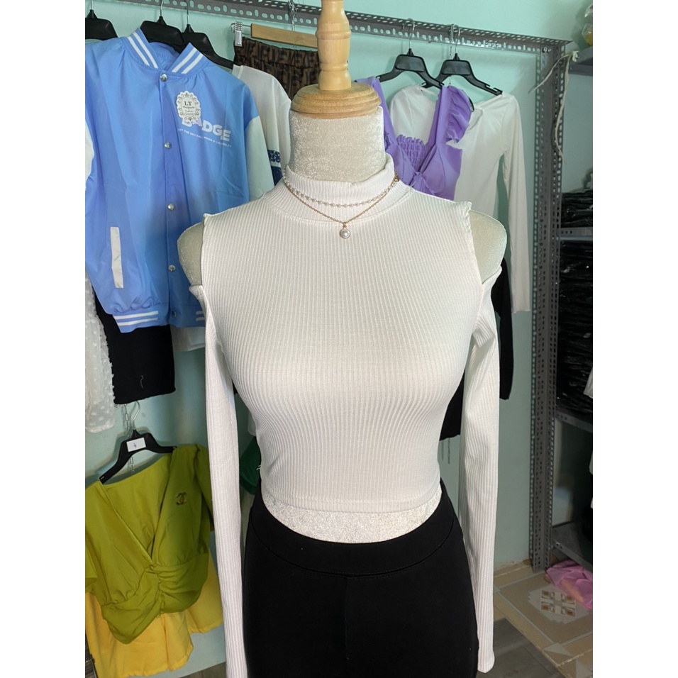 Áo croptop nữ hở vai tay dài 4 màu chất thun gân-ringu shop