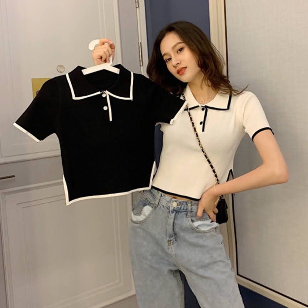 Áo croptop tay ngắn cổ polo phối viền , áo thun nữ cổ bẻ xẻ tà hông