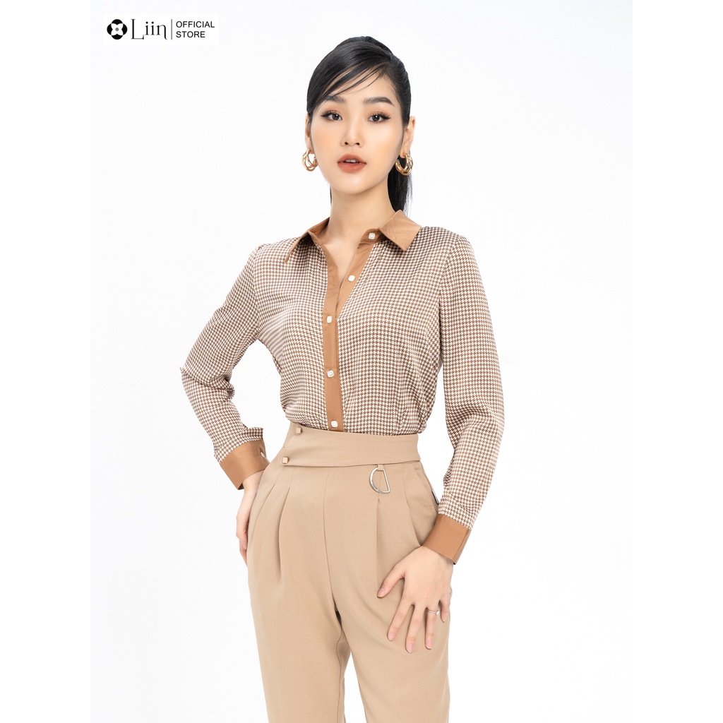 Áo Sơ Mi Linbi họa tiết Răng Sói Nâu ziczac form công sở thanh lịch, hiện đại Liin Clothing SM3255