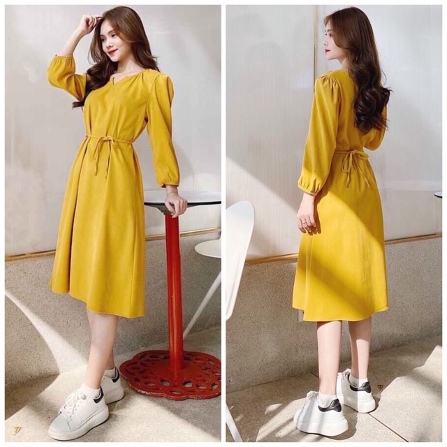 Đầm suông vàng tay dài (kèm hình thật)