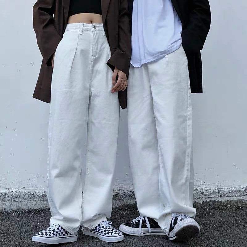 Quần jean nam ống Rộng - quần bò nam Unisex nam nữ- Kaki trắng cao cấp