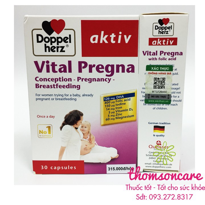 Vitamin cho bà bầu - Aktiv Vital Pregna, nhập khẩu từ Doppelherz Đức, trươc và sau sinh, Omega sắt, canxi, acid folic