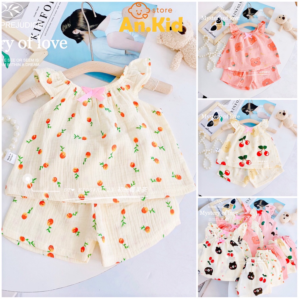 Bộ 2 Dây Xô Muslin Bé Gái 5-16kg Tay Bèo Chất Mềm Mát Hoạ Tiết Xinh, Bộ Đi Chơi, Mặc Nhà Cho Bé - AN.KID