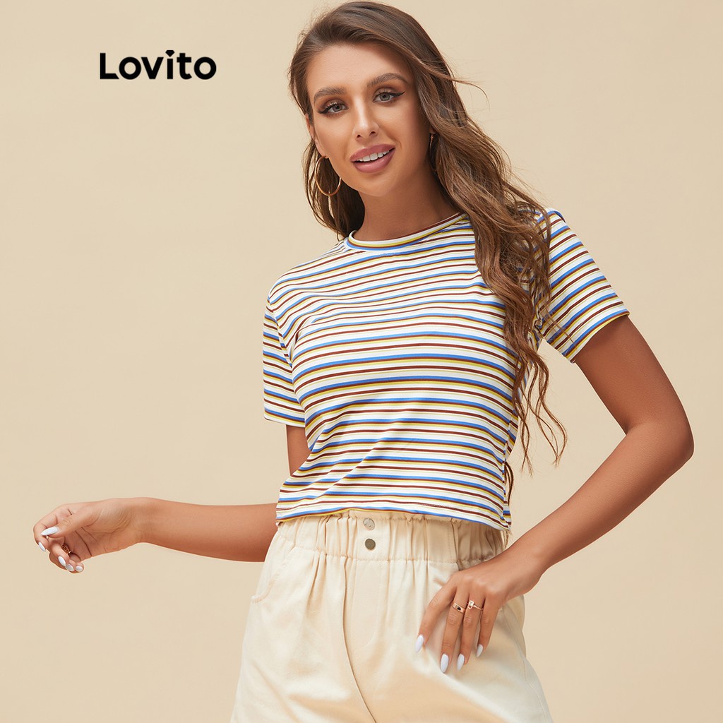 Áo thun croptop Lovito họa tiết kẻ sọc màu cầu vồng phong cách thường ngày L15X149 (Nhiều màu)