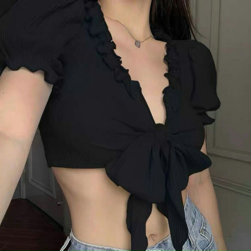 Áo Thun Gân Croptop Viền Bèo Thắt Ngực Dáng Ngắn Ôm Body Sexy Tôn Dáng Cổ V Ngắn Tay TV-FASHION