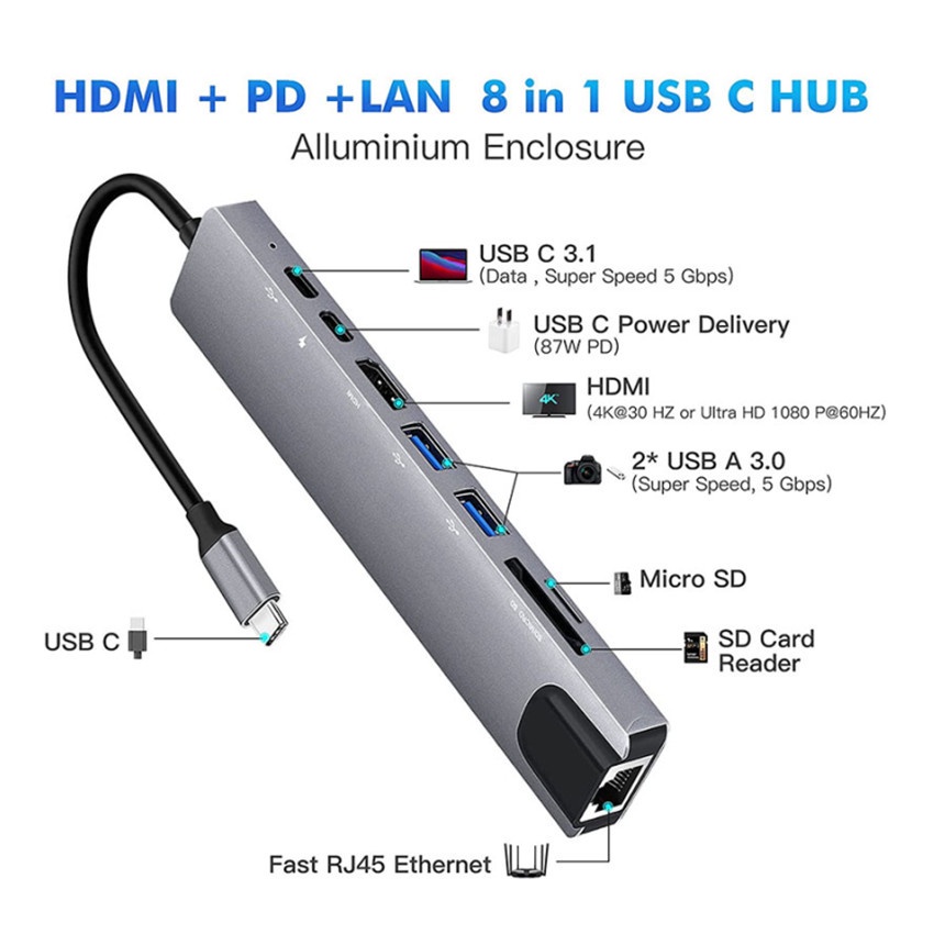 Bộ Chuyển Đổi Hub USB C Hub 8 Trong 1 Type C 3.1 Sang 4K HDMI Có Đầu Đọc Thẻ SD / TF Cho MacBook Notebook Laptop Điện Thoại