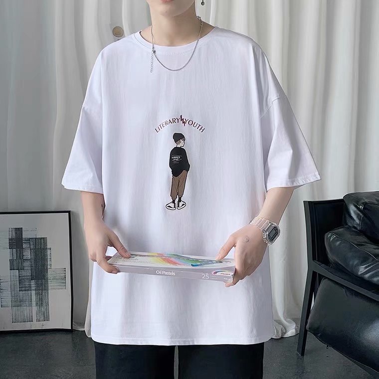 Áo thun tay ngắn cổ tròn dáng rộng in họa tiết hoạt hình phong cách đường phố Hàn Quốc cho nam