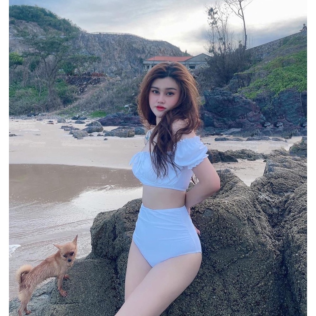 Bikini nữ 2 mảnh tay cộc trễ vai bèo quần tam giác và cạp cao R08